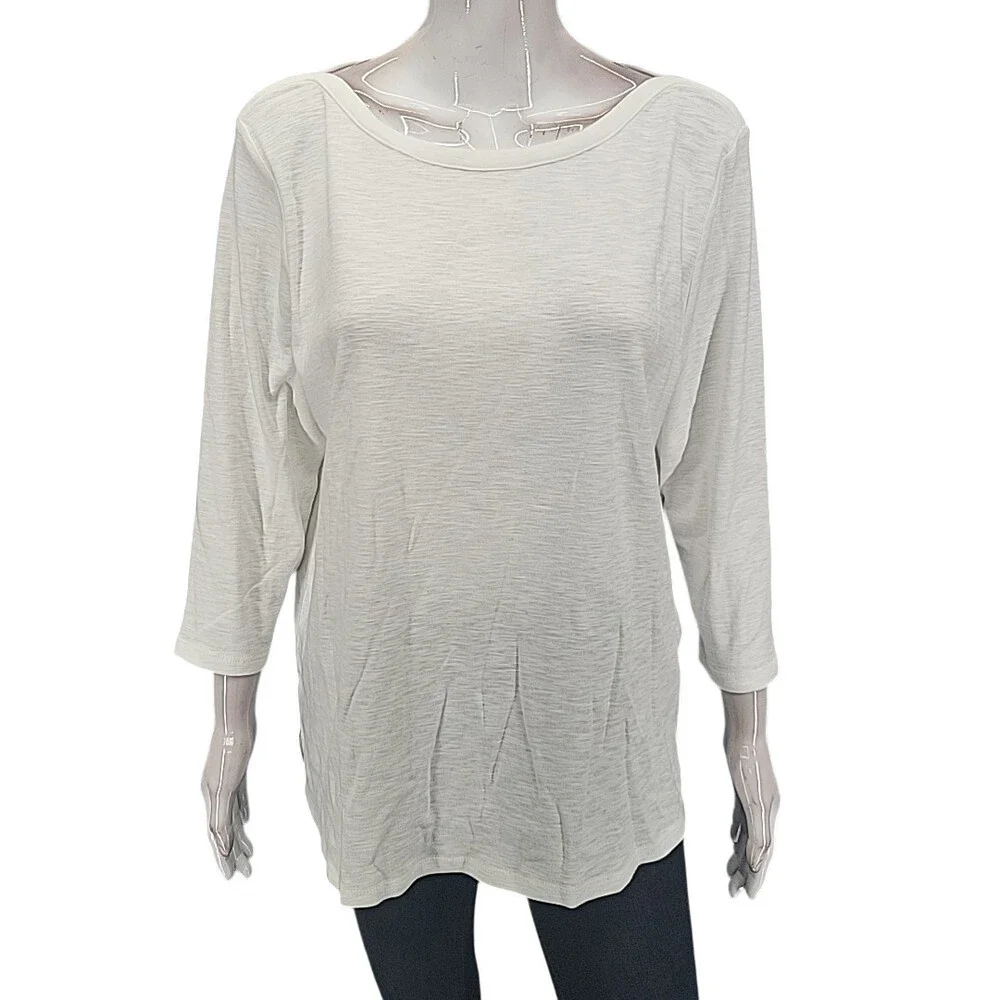 Kirkland Signature Womens Cotton Top X-Large Sz White 3/4 Sleeves Tee Shirt